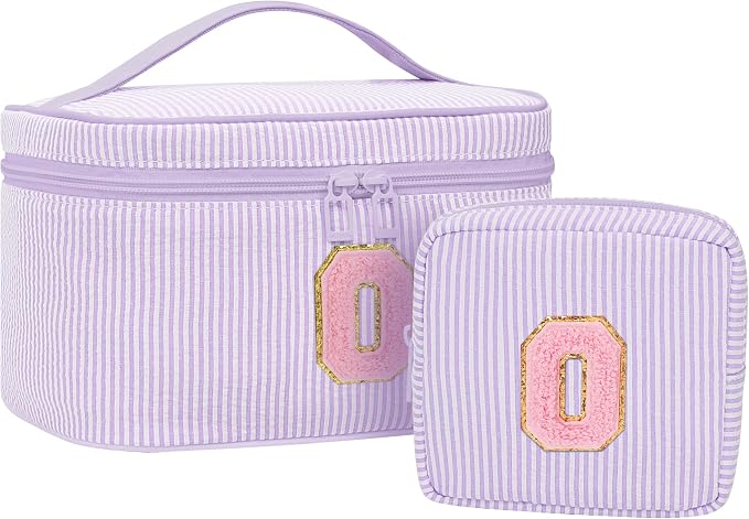 MONSTINA Initial Period Bag Sanitary Napkin Storage Bag Tampon Pouch Portable Feminine Care First Period Kit for Teen Girls Women Gift for Her Cute Toiletry Bag,2PCS,Purple O