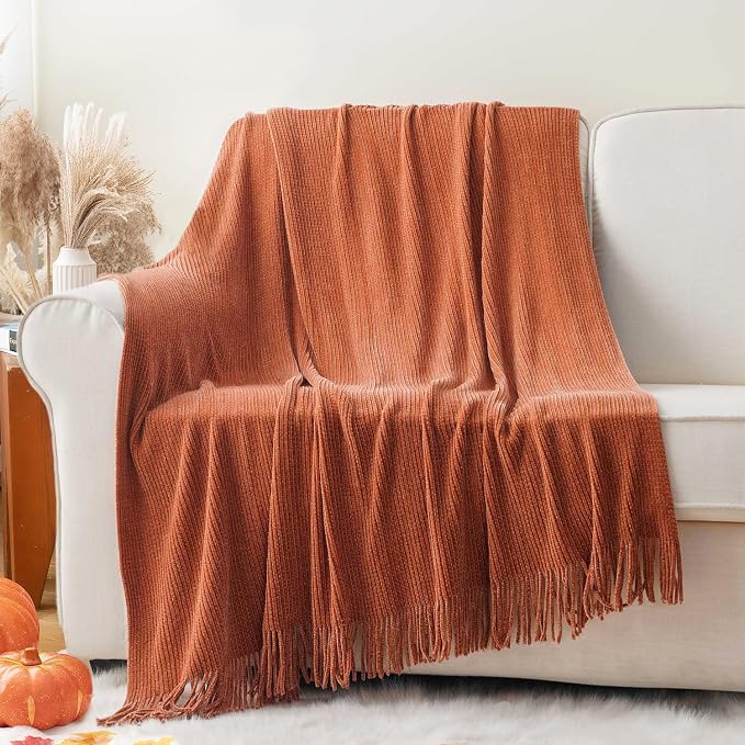 BATTILO HOME Rust Orange Throw Blanket for Couch, 60"x80" | Soft Chenille Throw Blanket with Tassels for Fall Decor, Fall Throw Blanket for Home Decoration