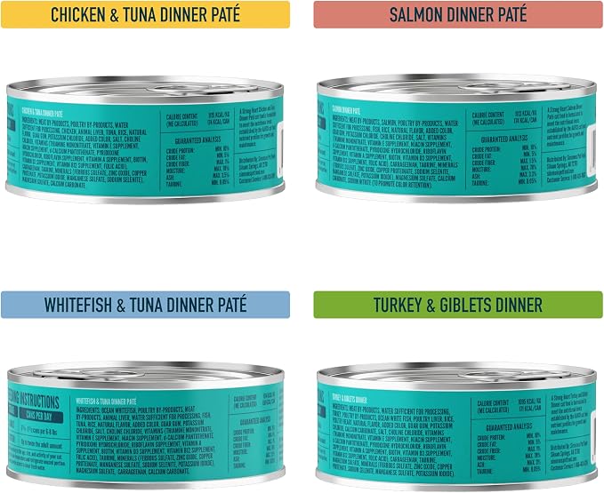 A Strong Heart Cat Food Variety Pack, Turkey, Chicken, Tuna & Salmon, 32ct | Pate texture, all life stages, complete & balanced, made in USA, 5.5oz cans