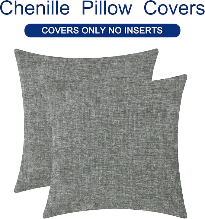 CaliTime Decorative Couch Throw Pillow Covers 18 X 18 Inches Medium Grey | Pack of 2, Cozy Chenille Cushion Cases for Sofa Bed Living Room Farmhouse Home