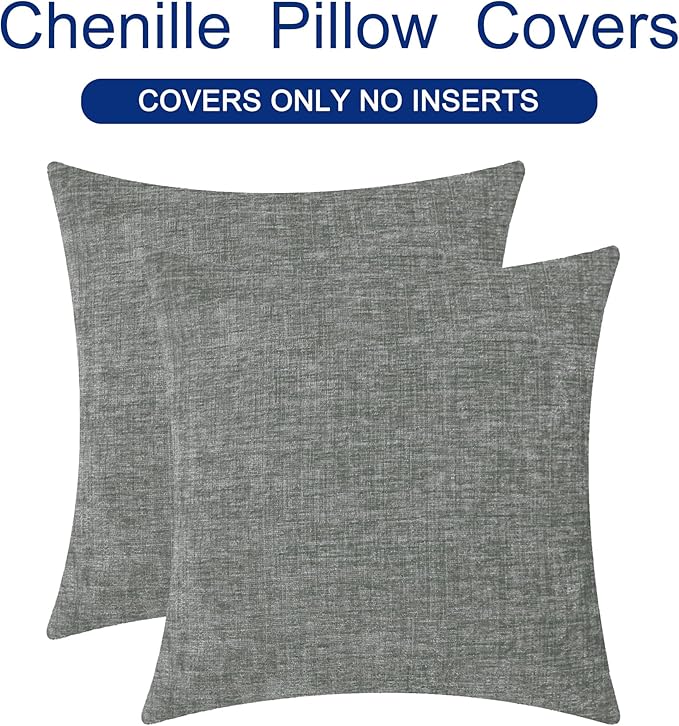 CaliTime Decorative Couch Throw Pillow Covers 20 X 20 Inches Medium Grey | Pack of 2, Cozy Chenille Cushion Cases for Sofa Bed Living Room Farmhouse Home