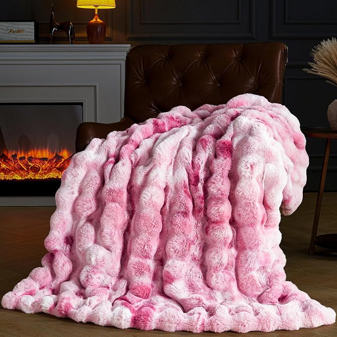 Faux Fur Throw Blanket for Couch, Fluffy Fuzzy Plush Bubble Blanket, Soft Warm Cozy Shaggy Rabbit Blanket, Luxury Decorative Gifts for Sofa Bedroom Living Room, 108x90inch (Tie-Dye-Pink)