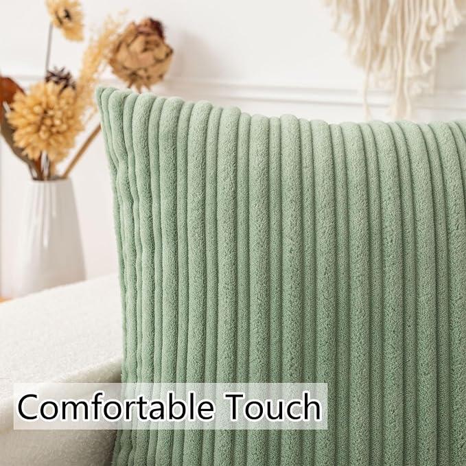 UGASA Velvet 12x20 Inch Lumbar Soft Throw Pillow Covers Corduroy Striped Solid Rectangular Cushion Cases Boho for Couch Bedroom Sofa Home, Pack of 2, Sage Green