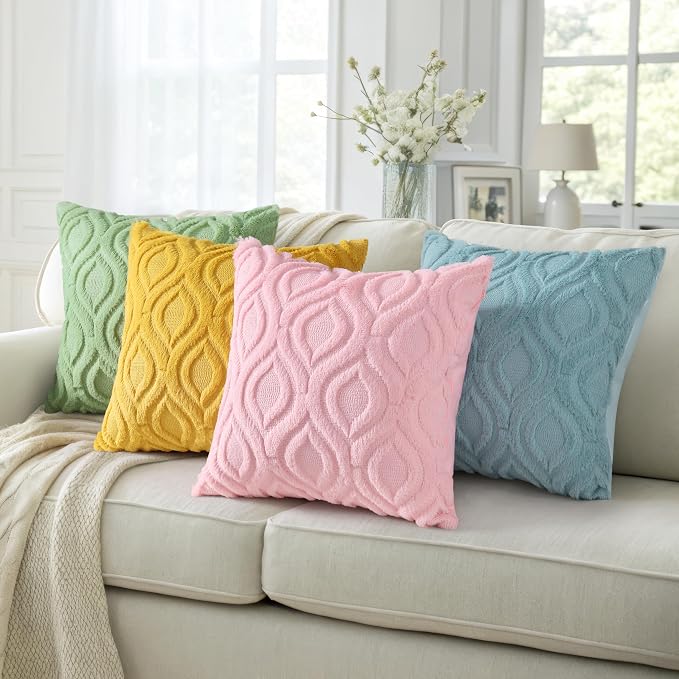 decorUhome Faux Fur Plush Light Pink Throw Pillow Covers 16x16 Set of 2 | Plush Solid Fall Couch Pillow Covers, Accent Modern Farmhouse Neutral Decorative Square Pillow Cases for Sofa Bed Living Room
