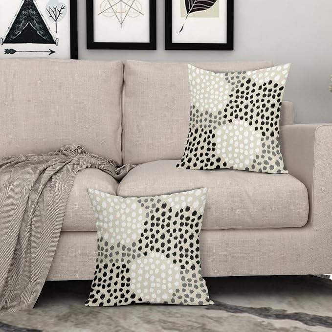 Black White Pillow Covers 16x16 Set of 2 Boho Gray Polka Dot Throw Pillows Modern Trendy Print Decorative Outdoor Farmhouse Pillowcase Cushion Cover Linen Pillow Case Decor for Home Sofa Couch Bed