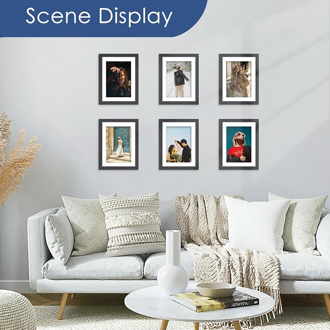 6x8 Picture Frame Set of 6, Wall or Tabletop Display, Black | Display 5x7 with Mat or 6x8 Without Mat, Horizontal or Vertical, Gallery Wall Frame Set for Wedding & Room & Home Decor