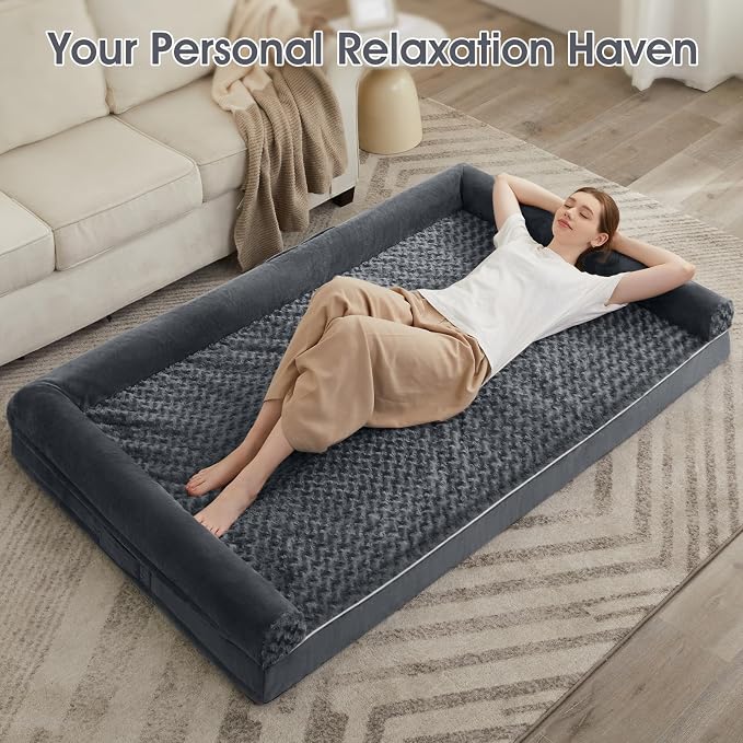 BFPETHOME Orthopedic Washable Human Dog Bed for Adult & Dog Cozy Sleep | Human Size Waterproof Big Soft Pet Couch Bed for Adult & Dogs Relax with Removable Cover Supportive Foam Dark Grey 71x46 Inch