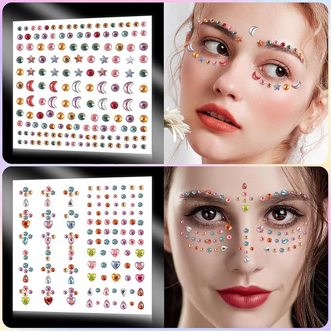 Erythem Face Gems for Women 7 Sheets Face Jewels Stick On Self Adhesive Rhinestones Stickers for Rave Carnival Music Festival Party
