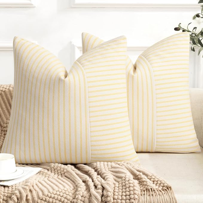 YCOLL Farmhouse Pillow Covers 16x16, Modern Accent Square Throw Pillow Covers Set of 2, Yellow and Beige Striped Patchwork Linen Decorative Pillows Cushion Covers for Couch Chair Bedroom Home Decor