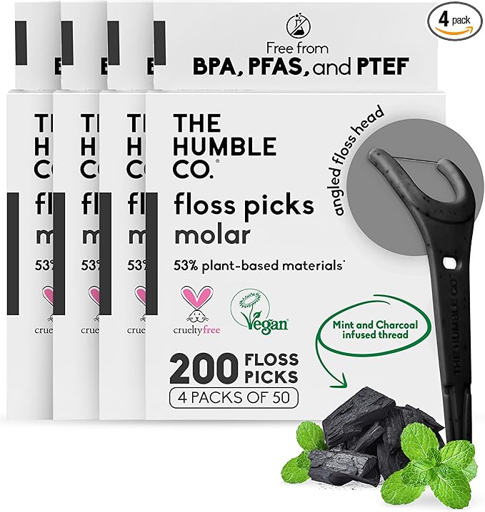 The Humble Co Molar Floss Picks for Teeth, 200 Count (Charcoal) - Angled Dental Flossers with Extended Reach for Molars & Back Teeth - Plant-Based Floss for Interdental Oral Care, Hygiene & Gum Health