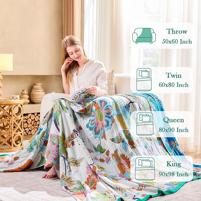 XIBLC Summer Throw Blanket, 50"x60" Reversible Bohemian Flower Blanket, 100% Cotton Muslin Breathable Woven, Farmhouse Decorative Throw Blanket