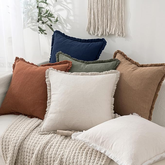 MIULEE Boho Linen Fringe Decorative Throw Pillow Covers Dark Navy 18x18 | Set of 2, Cottagecore Decor, Boho Farmhouse Coastal Pillow Covers, Rustic Couch Cushion Cases for Sofa Bed Living Room