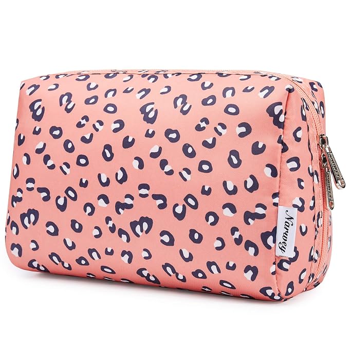 Narwey Cute Cheetah Makeup Bag Travel Cosmetic Bag Organizer Toiletry Bag Make Up Bags with Compartments for Women Girls (Large, Leopard)