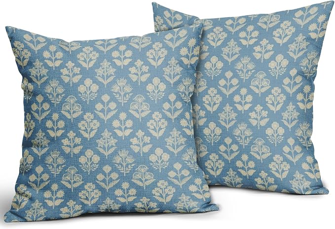 Light Blue Floral Pillow Covers 22x22 Inch Set of 2, Vintage Flower Block Print Pattern Decorative Throw Pillowcases Outdoor Farmhouse Cushion Covers Spring Summer Rustic Sofa Couch Bed Decor
