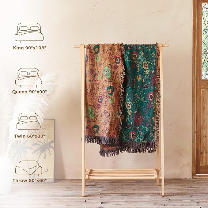 LUTBM Boho Throw Blanket for Bed 60"x80", 100% Cotton Cozy Couch Blankets | Forest Green Reversible Floral, All-Season Twin Quilt, For Chair Sofa Living Room Decor, Lightweight & Breathable, Women Gift
