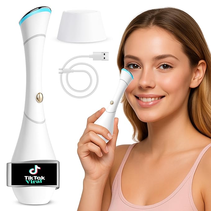 Eye Massager Wand with Heat, Vibration & Red/Blue LED, Ionic (Galvanic) Skincare Absorption, USB‑C Rechargeable with Charging Base, Helps Reduce the Look of Puffiness & Dark Circles