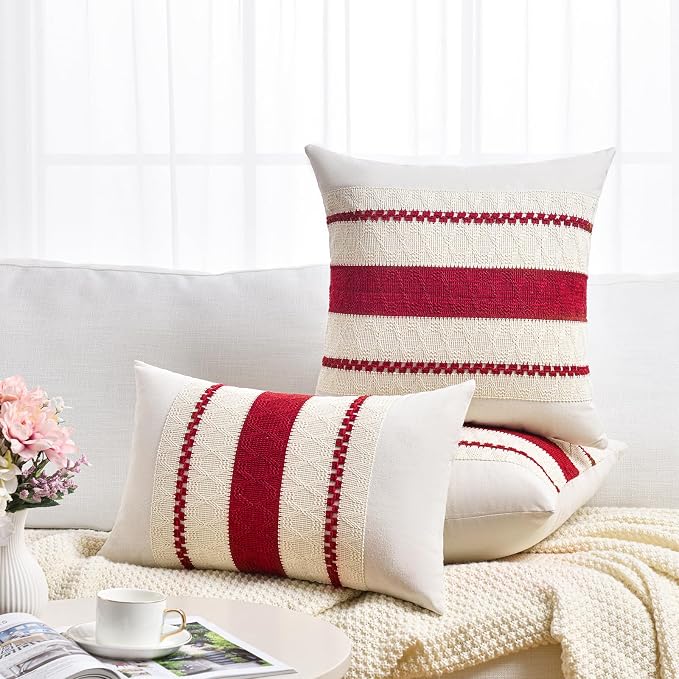 Fancy Homi Set of 1 Boho Red Decorative Throw Pillow Cover 22x22 Inch for Couch Bed Sofa, Aesthetic Modern Organic Farmhouse Home Decor, Soft Cotton Cute Accent Macrame Woven Cushion Case