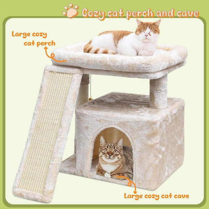 Small Cat Tree for Indoor Cats, Cat Tower with Scratching Post, Perch and Cozy Condo for Kittens and Adult Pets (Beige)