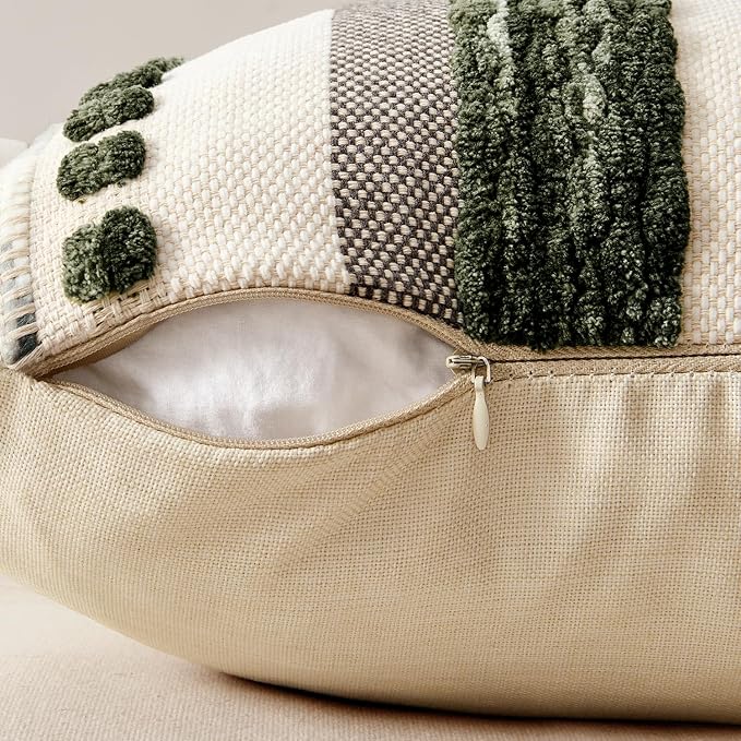 ANRODUO Boho Decorative Pillow Covers 18x18 Dark Green Stripe Pack of 1 | Throw Pillow Covers, Farmhouse Cushion Case, Chenille Pillow Cases, Pillow Covers, Accent Neutral Pillowcase for Sofa Couch