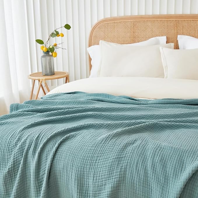 EMME Muslin Throw Blanket for Adults 100% Cotton Blankets for Couch 4-Layer Summer Breathable Gauze All Season Soft and Lightweight Pre-Washed (Teal, 50"x71")