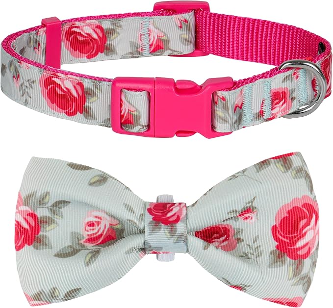azuza Dog Collar with Bow Tie, Soft and Comfortable Adjustable Bowtie Dog Collar for Puppy and Small Dogs (XS, Camellia Flower)