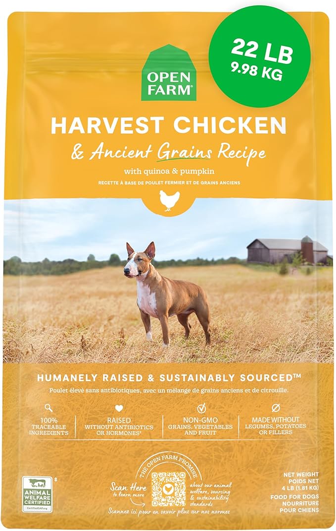 Open Farm Ancient Grains Dry Dog Food, Harvest Chicken Kibble, 22lb Bag | All Life Stages, All Breed Sizes, Protein-Rich & Nutrient Dense, 100% Traceable Ingredients, Non-GMO Fruits & Veggies.
