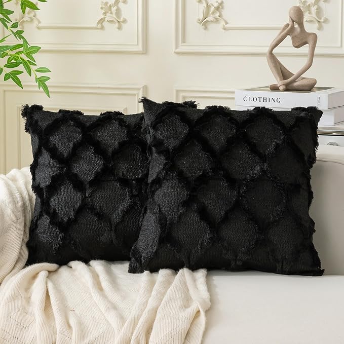 Set of 2 Soft Moroccan Throw Pillow Covers 22x22 Inch Plush Boho Decorative Pillow Cover Accent Cushion Case for Couch Sofa Bed, Black
