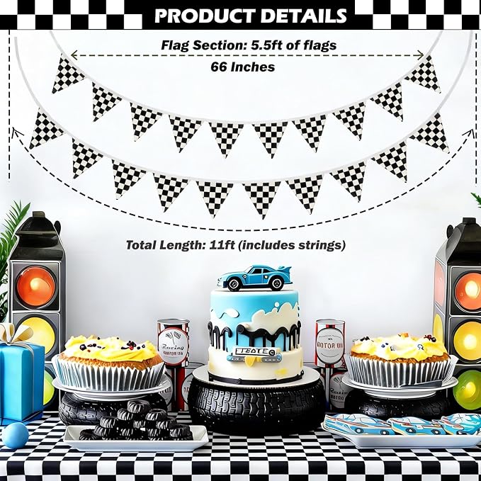 Boys Room Wall Art Decor,Cars Room Decor for Toddler Nursery Playroom, Black and White Checkered Garland Banners,(Set of 2）Racing Flags 11Ft Bunting Flags Fabric for Baby Shower Birthday Party