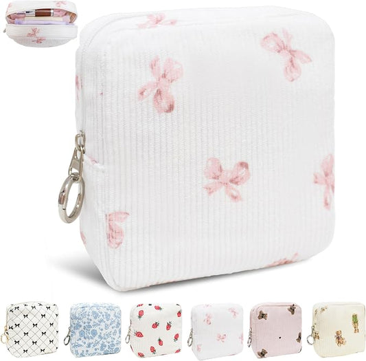 Period Bag for Girls, Corduroy Period Kit with Sanitary Pad Pouch, Menstrual Storage Bag and Tampon Holder for Purse, Girls School Essentials,Feminine Care Organizer(Pink Bow)