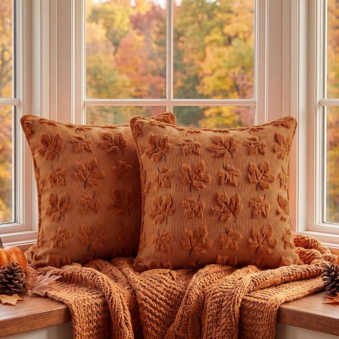 Fall Throw Pillow Covers 18x18 Set of 2 Double-Sided Maple Leaf Covers | Burnt orange plush comfort with raised maple 3D embroidery, designed for living rooms, porches, and cozy fall home decor.