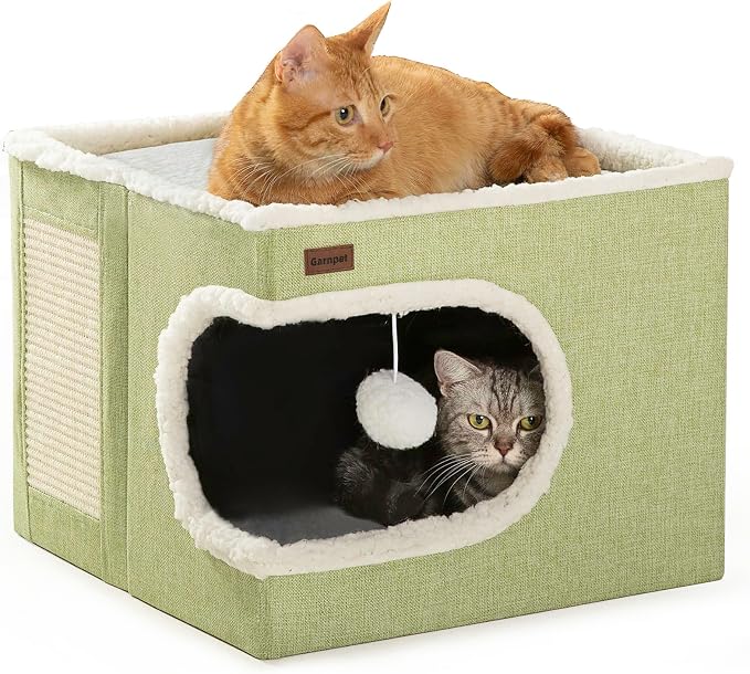Garnpet Cat Bed for Indoor Cats Cube House, Covered Cat Cave Beds & Furniture with Scratch Pad and Hideaway Tent, Cute Modern Cat Condo for Multi Small Pet Large Kitten Kitty, Green