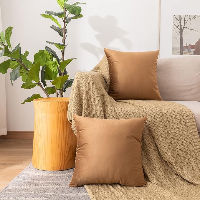 NiNi ALL Brown Velvet Throw Pillow Covers 16x16 Pack of 2 Decorative Couch | Soft Solid Boho Cushion Squar Pillow Cases for Chair Sofa Bedroom Farmhouse Living room Modern Luxury Home Decor Christmas