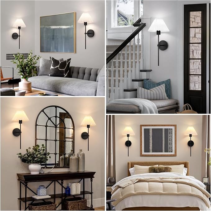 Rechargeable Battery Operated Wall Sconces Sets of 2, 15 Colors Wireless Wall Sconce, Black Wall Lights Fixture with Dimmable Bulbs and Remote, Not Hardwired Wall Mounted Lamps for Bedroom Living Room