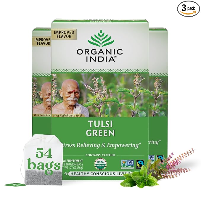 ORGANIC INDIA Tulsi Green Tea Bags - Holy Basil Tea, African Basil, Stress Relieving, Immune Support, USDA Certified Organic, Premium Darjeeling Green Tea, Caffeinated - 18 Infusion Bags, 3 Pack