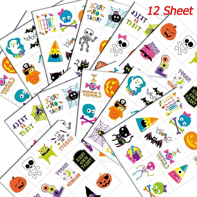 144 PCS Halloween Temporary Tattoos, Waterproof Pumpkin Tattoos Stickers for Kids Children Party Favors, 72 Patterns Multicolor