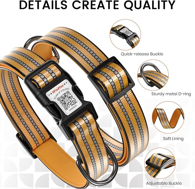 Personalized Dog Collar with QR Code Dog Tag, Orange L | Anti-lost, 1000D nylon, reflective, padded, XS-L(8"-24"), QR buckle shares lost pet profile, location alerts when scanned