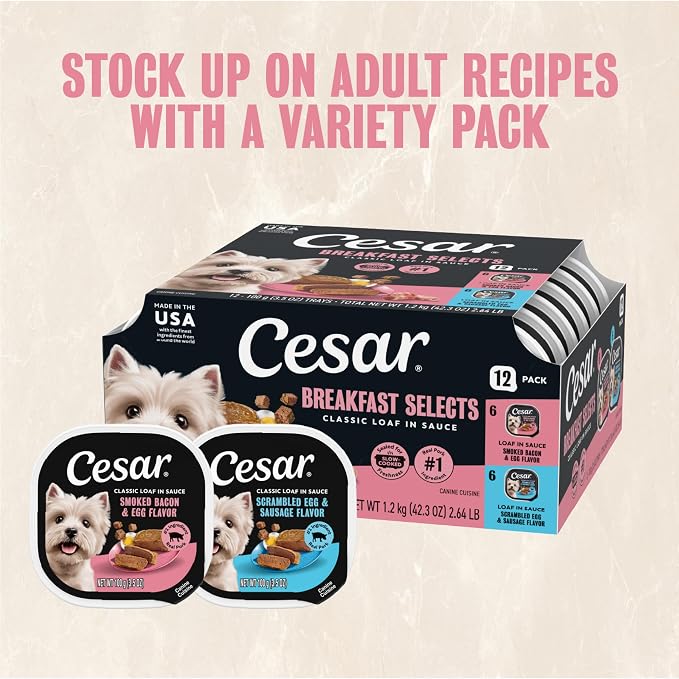 Cesar Classic Loaf Wet Dog Food, Breakfast Selects, 3.5 oz, 12 Count, 2-pk | Made in USA, Bacon & Egg & Egg & Sausage flavors, real pork #1 ingredient, no fillers or artificial flavors, easy peel trays