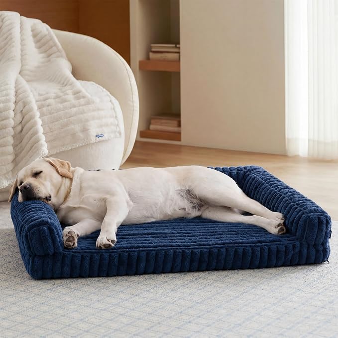 Bedsure ComfyFleece™ Memory Foam Orthopedic XL Plus Dog Bed 45" | Comfort Egg-Crate Foam Pet Couch Sofa,Washable Corduroy Cover,Cozy Bolstor Waterproof Puppy Bed, Non-Slip Bottom,Blue