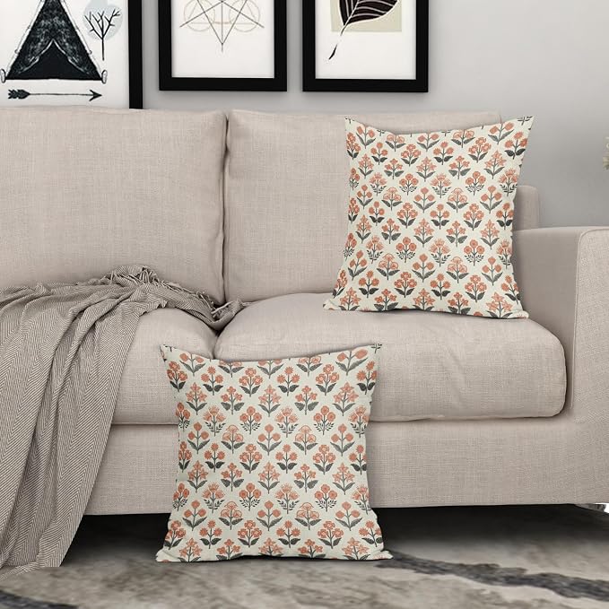 Orange Black Floral Block Print Pillow Covers 16x16 Inch Set of 2, Vintage Flower Pattern Decorative Throw Pillowcases Outdoor Farmhouse Cushion Covers Spring Summer Rustic Sofa Couch Bed Decor