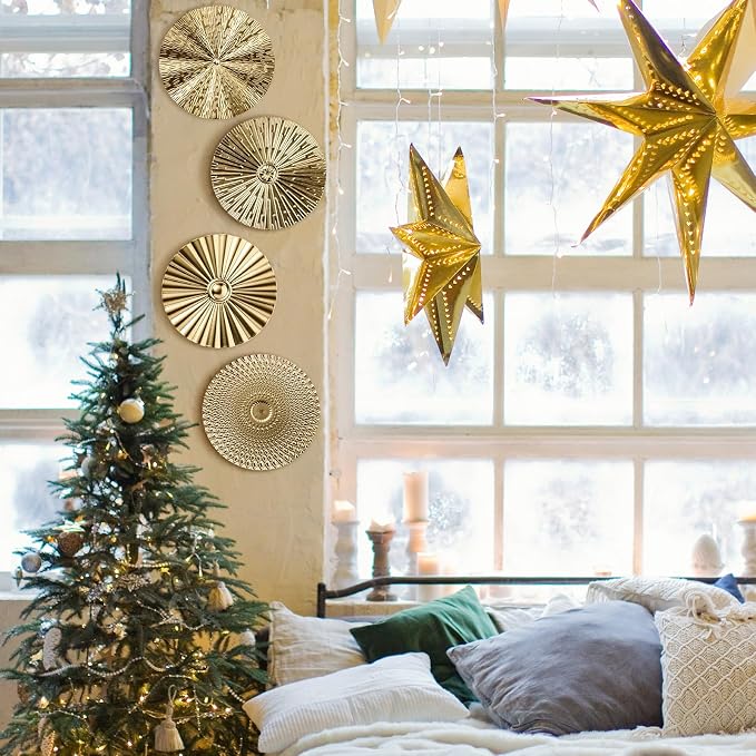 Hicarer 4 Pcs 12 Inch Gold Metal Wall Art Decor Modern Sunburst Hanging Artwork Decor Wall Decorations for Home Bedroom Bathroom Living Room Office Sculpture Gift