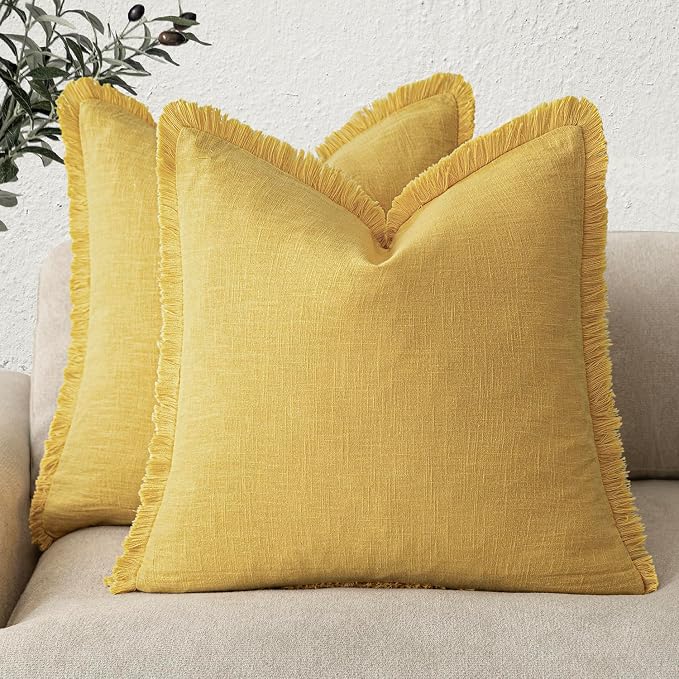 Foindtower Set of 2 Decorative Linen Fringe Throw Pillow Covers Cozy Boho Farmhouse Cushion Cover with Tassels Soft Accent Pillowcase for Couch Sofa Bed Living Room Home Decor,18×18 Inch,Ginger Yellow
