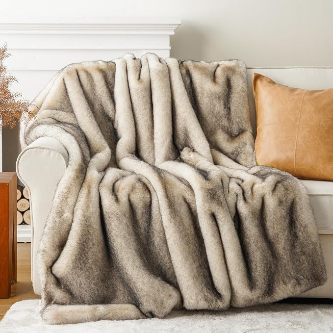 BATTILO Luxury Faux Fur Throw Blanket for Couch, Home Decor, 50"x60", Thick | Soft Cozy Plush Warm Elegant Furry Fluffy Faux Fur Blanket for Bed, Sofa, Living Room, Long Pile with Black Tips