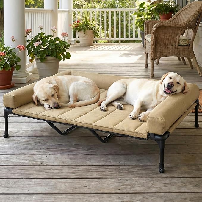 Veehoo Outdoor Elevated Dog Bed with Waterproof Bolster Cushion, Cooling | Raised Dog Bed with Removable & Washable Mat Topper, Breathable Mesh, Dog Couch Cot for Indoor Outdoor, 59", Large, Beige