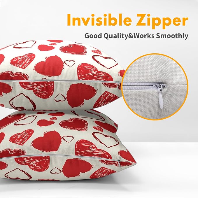 Kawani Red Love Hearts Pillow Covers 18x18 Inches, Set of 2 Valentines Day Romantic Wedding Bridal Decorative Pillowcases Cotton Linen Cushion Case for Couch Sofa Bed Room Home Decor