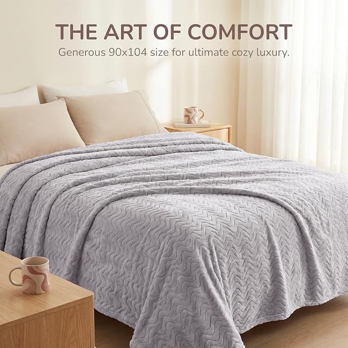 Exclusivo Mezcla Soft Fleece Blanket Twin Size for Bed, Sofa, Light Grey | 90"x66" Breathable Lightweight Flannel Blanket for Summer, Plush Cozy Jacquard Wave for Home Decor