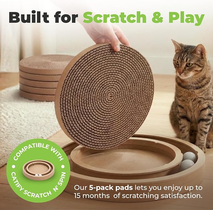 Catify Spin n' Scratch Cat Scratch Pad Refill - Round, 5-Pack | Corrugated Cardboard, Double Sided Cat Scratching Pad, Indoor Furniture Protector, Durable, For Kittens and Cats,