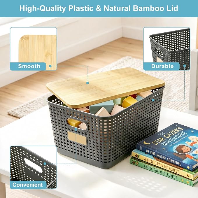 2 Pack Tall Plastic Storage Bins with Bamboo Lids, 10.8qt Stackable Storages Baskets for Organizing Desktop Closet Playroom Classroom Office, 12"L x 8.3"W x 6.1"H, Gray