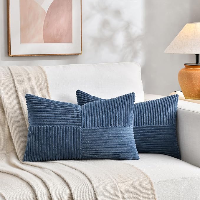 Fancy Homi Dusty Blue Lumbar Decorative Throw Pillow Covers 22x14 Inch for Couch Bed Sofa, Rustic Farmhouse Boho Home Decor, Soft Striped Corduroy Rectangle Accent Cushion Case 35x55 cm