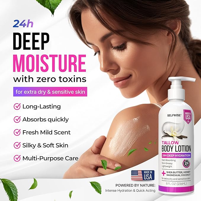 Beef Tallow Body Lotion with Magnesium, Shea Butter, Avocado, Honey - Natural Lotion with Vitamin E - Fast Absorbing, Non-Greasy Moisturizer for Dry & Sensitive Skin, Daily Hydrating Body Cream
