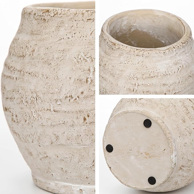 Briful Rustic Vintage Ceramic Pottery Vase, 5.1'' Farmhouse Table Decor with Distressed Texture, Wide Mouth Decorative Jar Vases for Home Decor, Shelf & Entryway, Cream White